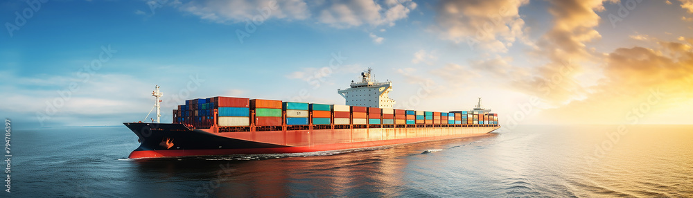 Naklejka premium A large container ship sails across the ocean at sunset.