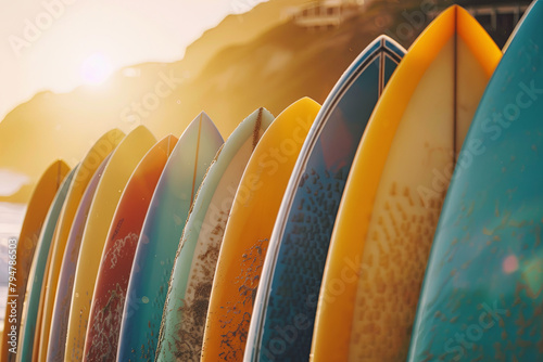 Assortment of vividly hued surfboards arranged vertically on a sandy shore, illuminated by the inviting warmth of the sun's rays