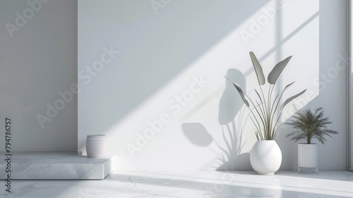 Minimalist interior with a vase and plants - A tranquil corner in a bright room captures the interplay of light and shadow  highlighting a vase with foliage