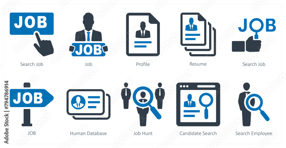 A set of 10 Human Resources icons as search job, job, profile A set of 10 Human Resources icons as search job, job, profile