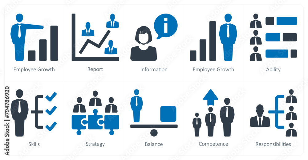 A set of 10 Human Resources icons as employee growth, report, information A set of 10 Human Resources icons as employee growth, report, information
