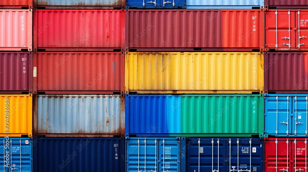 Fototapeta premium A photo of a bunch of colorful shipping containers stacked up.