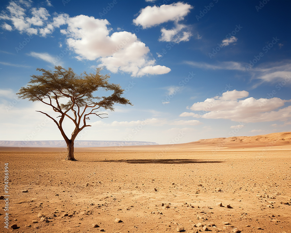 a photo of a single tree in the middle of a desert with blue sky and clouds