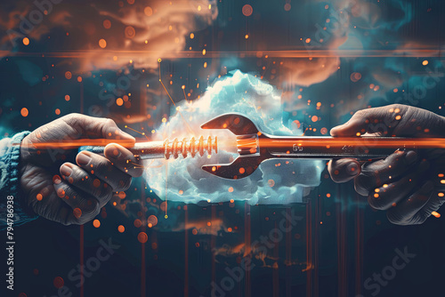 Digital cloud and hands grasping a wrench Visual metaphor for maintaining and repairing cloud-based data systems