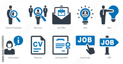 A set of 10 Human Resources icons as search employee, job hunt, job offer