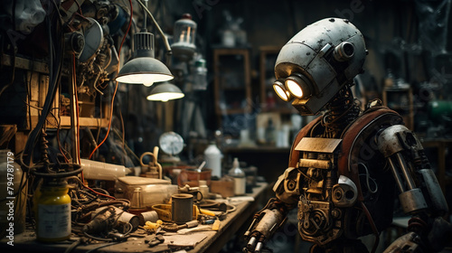 A steampunk robot is working on a project in its workshop. photo