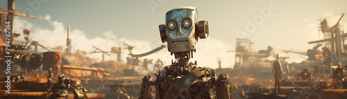 A steampunk robot stands in a junkyard photo