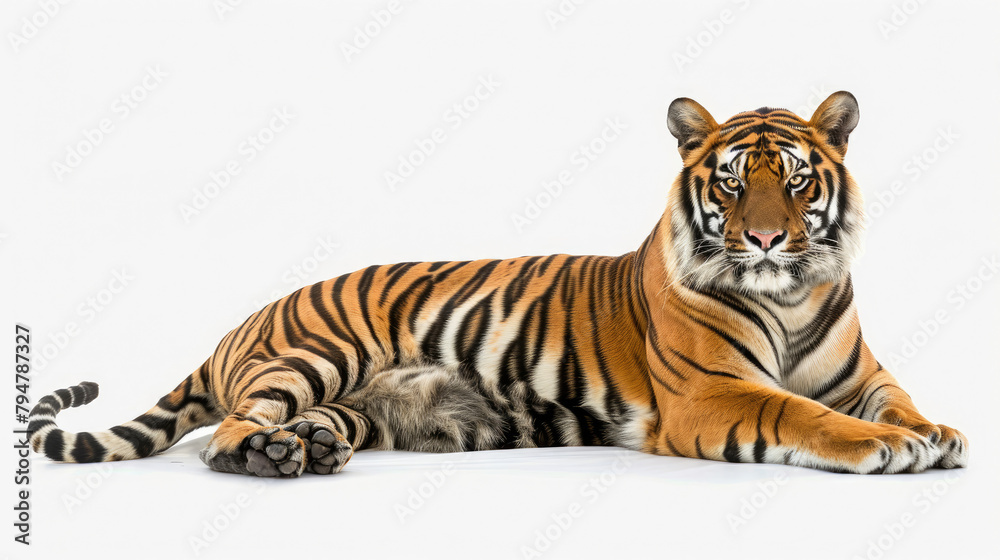 Siberian tiger full body lying down posture isolated on white background created with Generative AI Technology