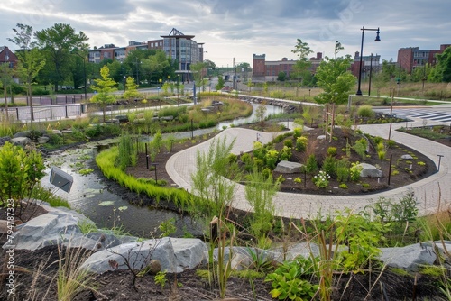 A park featuring a flowing river and a circular garden seen from an elevated perspective, showcasing the green infrastructure projects scale and impact