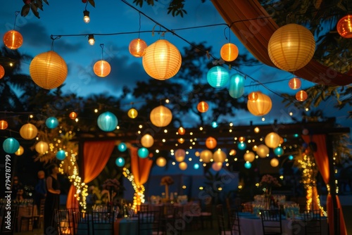 A cluster of vibrant paper lanterns hanging from the ceiling in an open-air venue, creating a festive and colorful ambiance © Ilia Nesolenyi
