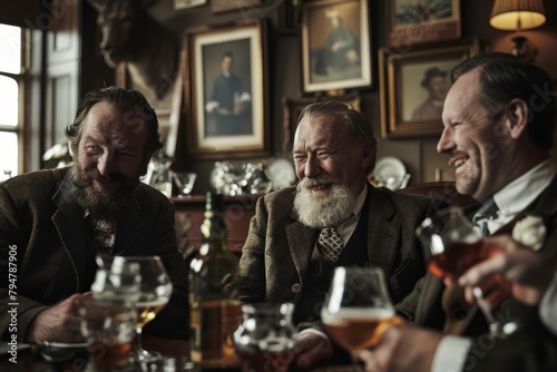 A group of men is gathered around a wooden table, engaging in conversation and enjoying a leisurely whisky gathering