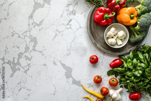 Different types of fresh vegetables neatly arranged on a white quartz countertop in a modern kitchen setting
