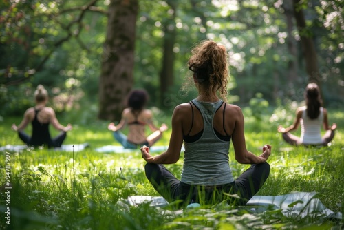 A group of people, predominantly women, engaging in a yoga session amidst trees and greenery in a wooded area