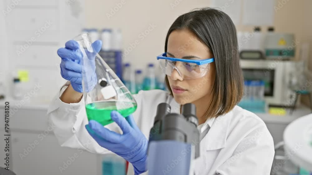 A focused woman scientist conducts an experiment with a green liquid in a laboratory setting A focused woman scientist conducts an experiment with a green liquid in a laboratory setting