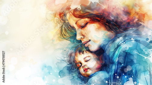 Express Gratitude to Mom, Touching Watercolor Design of Mother and Child Embrace, Ai generated image