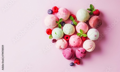 Assorted various colorful fruits ice laid out in the shape of a heart on light pink background. Fruits ice cream balls and berries, Summer cool desserts concept. World ice cream day, Place for text