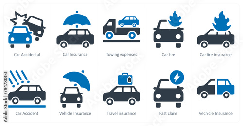 A set of 10 Insurance icons as car accidental, car insurance, towing insurance