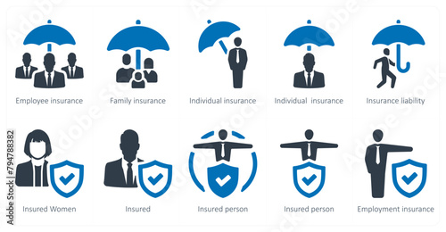 A set of 10 Insurance icons as employee insurance, family insurance, individual insurance