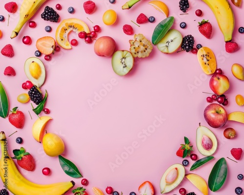 Assorted fruits laid out in the shape of a frame heart on light pink background. World Vegetarian day, Vegan day banner. Healthy organic food, dieting, Keto diet concept. Place for text