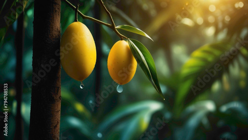 mango fruits especially in summer abstract  background in yellow  deep color hung on the trees with water lying on the peel of the mango fruits abstract background of fruits 