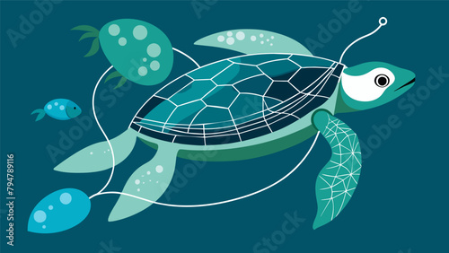 A drawing of a sea turtle tangled in fishing nets bringing attention to the issue of marine debris and ghost fishing.