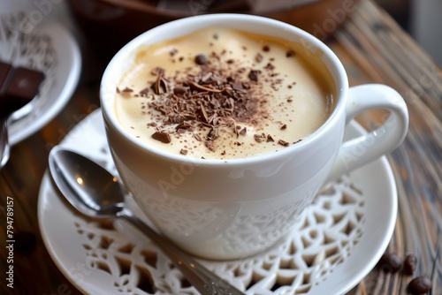 Creamy coffee with a sprinkle of cocoa on top, super realistic