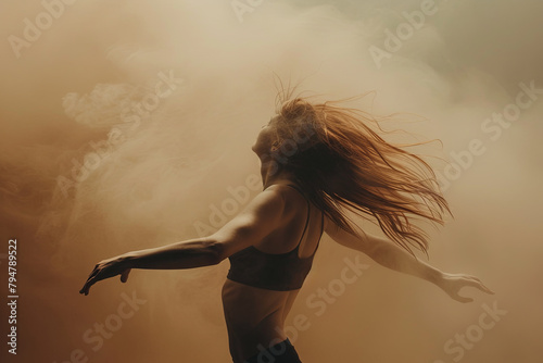 Auburn-haired adult female dancer gracefully moving amidst a hazy, dusty atmosphere photo