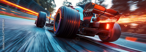 back of formula one racing car fast driving on race track photo