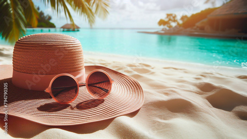Stylish sun hat and sunglasses on exotic beach, perfect for travel or vacation marketing photo