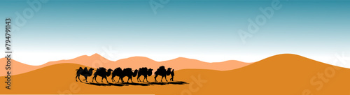 Vektor Silhouette - Wüste mit Karawane - Führer und Kamele - Wüstenlandschaft mit Sand und Dünen