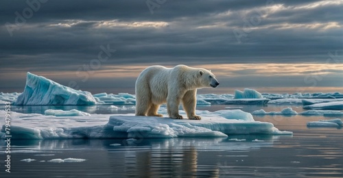 White polar bear sitting on melting ice floe glacier at arctic sea that facing to Global Warming situation, save the world form pollution concept, climate change, photo