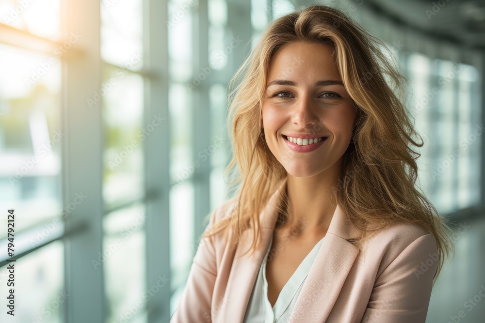 business woman looking confident and smiling in blur office business woman looking confident and smiling in blur office