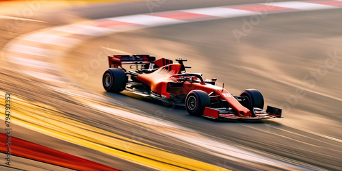 Formula One race. Red fast racing car speed driving on track. Motion blur
