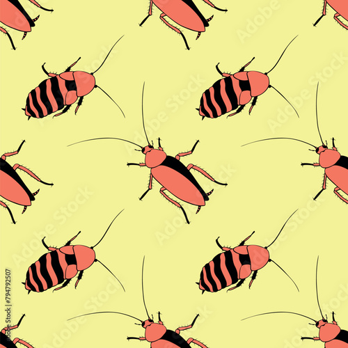 Vector seamless pattern from oriental and madagascar cockroaches, beetles, insects. Pest control background and texture.
