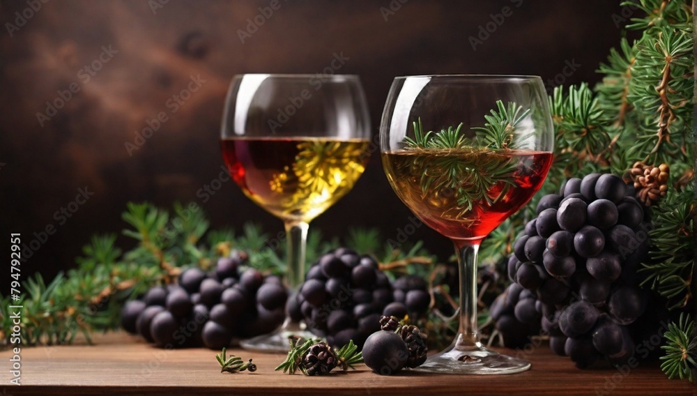 Wine in glasses on a background of a branch of a juniper.
