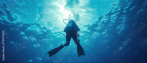Wallpaper Mural back view of a diver man diving underwater with a scuba tank and the deep ocean water is blue with the sun shining on top Torontodigital.ca