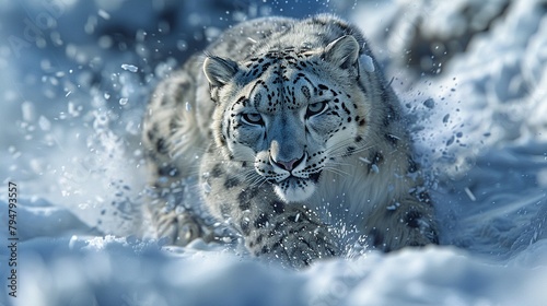 A snow leopard running through the snow