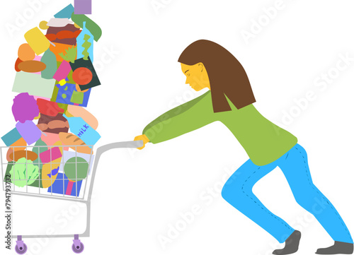 Woman with diligence pushes full overloaded shopping basket of food to cash register. Vector illustration: prosperity and purchasing power of a modern woman presuppose thriftiness and foresight of all