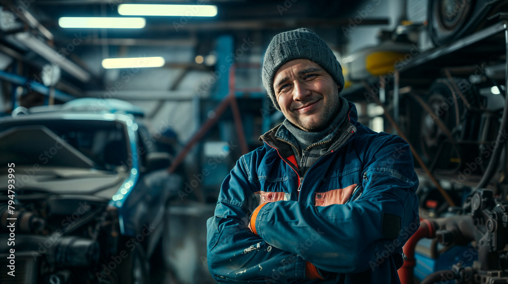 Close-up portrait of a male mechanic. A man with brutal, expressive facial features. Hard work in a car repair shop