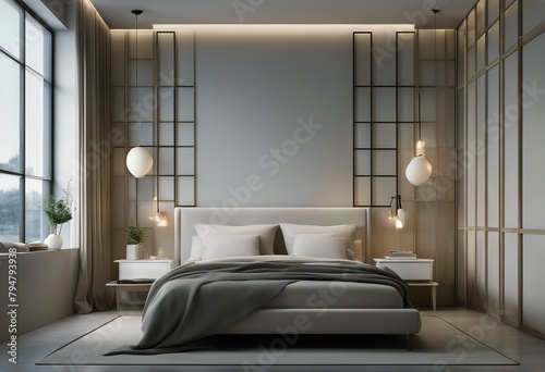 3d rendering furniture finished white concrete wall wood imageThere style lattice bedroom Decorate Minimal white floor photo