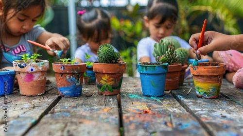 Children painting and decorating recycled pots for Earth Day planting activities. 