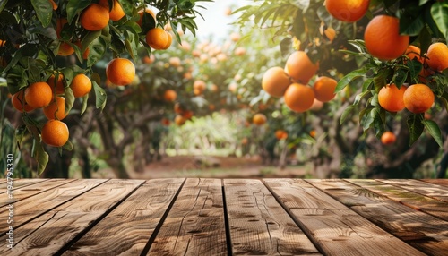 A wooden table with a view of an orange grove by AI generated image