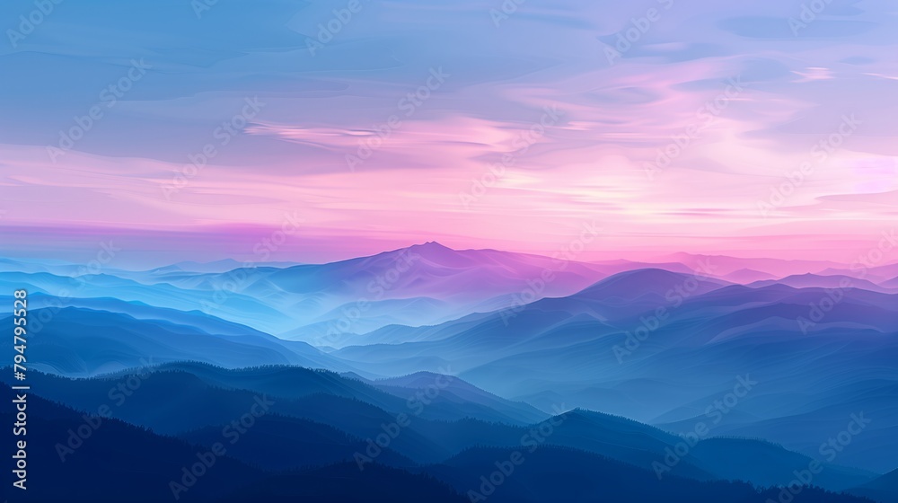 Obraz premium Gradients of dawn or dusk skies, capturing the serene moments of daybreak or twilight. Layered mountain landscape at dawn with mist