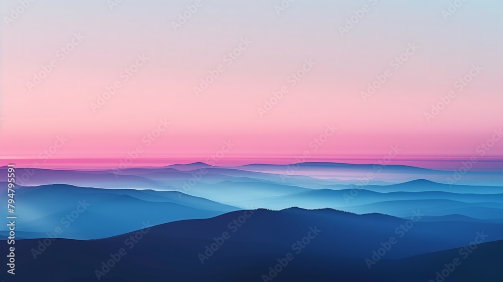 Gradients of dawn or dusk skies, capturing the serene moments of daybreak or twilight. Layered mountain landscape at dawn with mist Gradients of dawn or dusk skies, capturing the serene moments of daybreak or twilight. Layered mountain landscape at dawn with mist