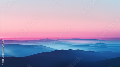 Gradients of dawn or dusk skies, capturing the serene moments of daybreak or twilight. Layered mountain landscape at dawn with mist