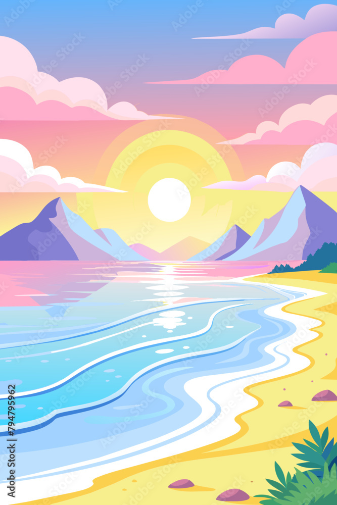 Colorful Sunset by the Mountains and Beach Illustration