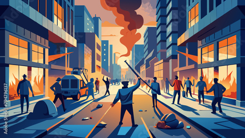 Urban Uprising: Protesters, Police, and Chaos Amidst Cityscape