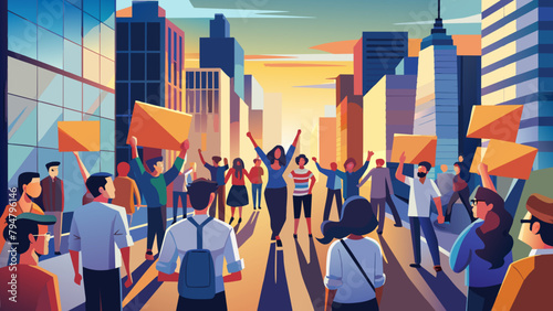 Vibrant Urban Demonstration with Diverse Crowd and Colorful Banners