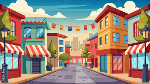 Colorful Animated Urban Street with Quaint Shops and Festive Flags