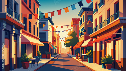 Colorful Illustration of a Festive European Street Scene